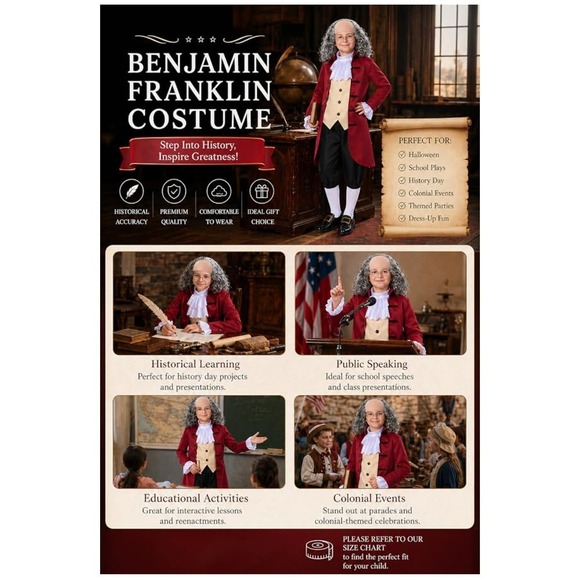 Franklin Other - Kids Benjamin Franklin Costume Ages 12-14 Yeqrs Old MISSING 1 White Wrist Ruffle